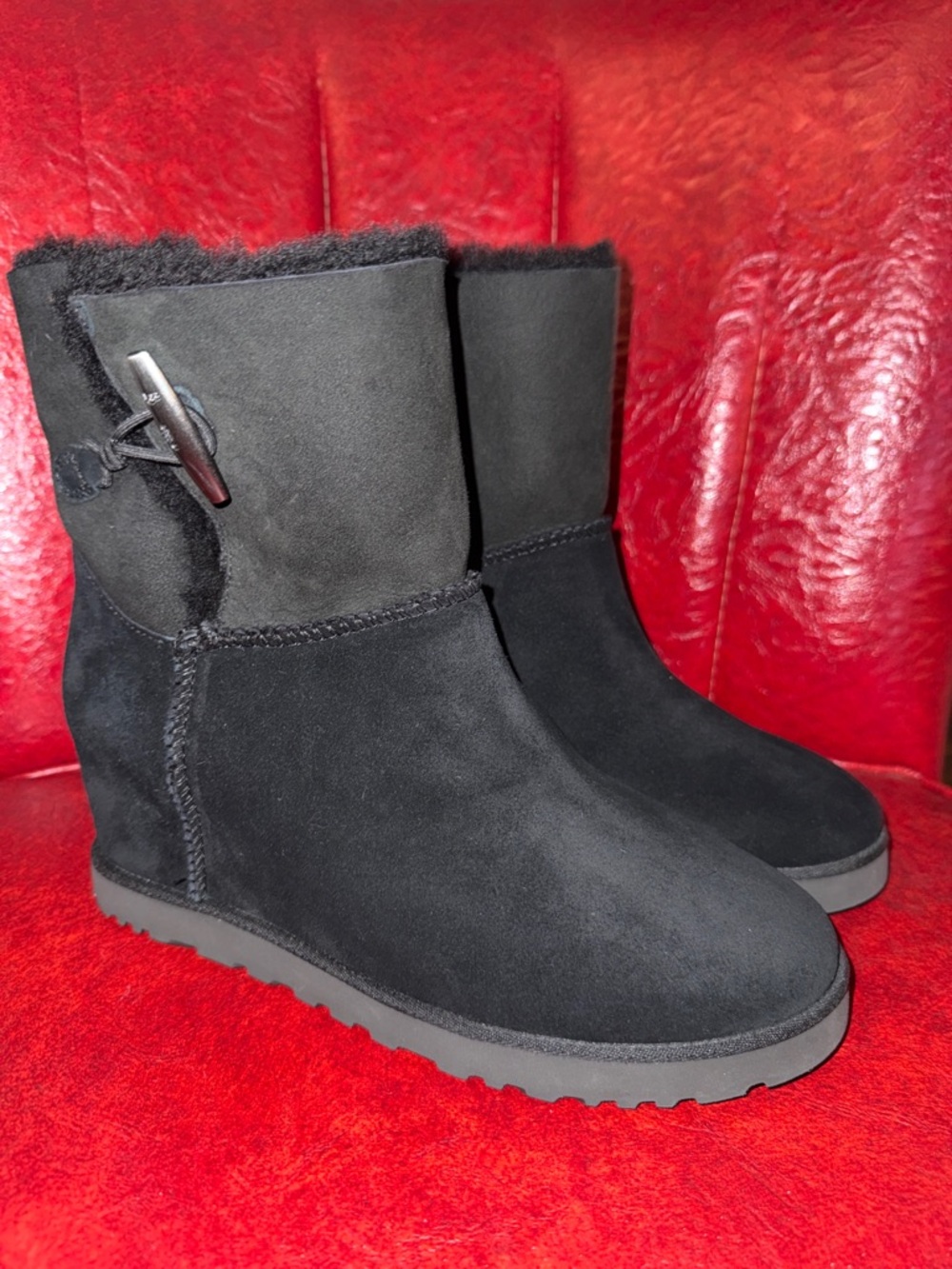 UGG Classic Femme Toggle Wedge Boots Black Suede Size 11 NWOT Rare